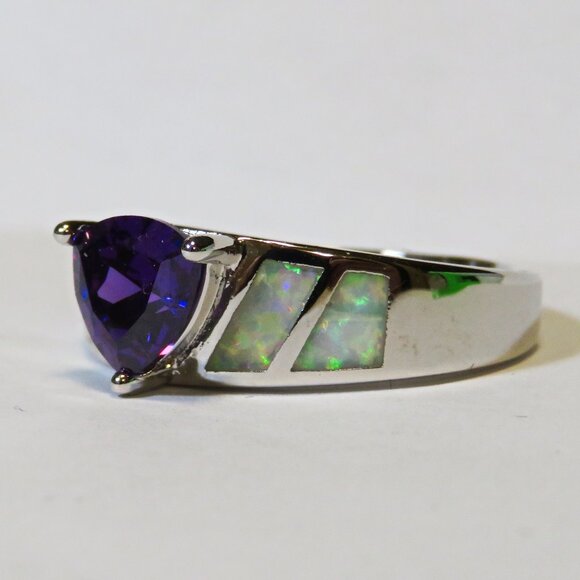 Silver Ring Size 10 White Lab Fire Opal Inlay 6mm * 6mm Amethyst New Old Stock - Picture 6 of 10